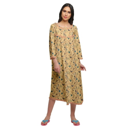 

Moomaya Printed Knee Length Cotton Lace Border 3/4th Sleeve Night Gown For Women