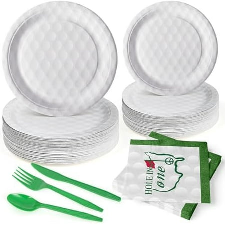 144-Piece 3D Golf Ball Party Tableware, includes plates, napkins, and forks for a sports-themed birthday for 24.