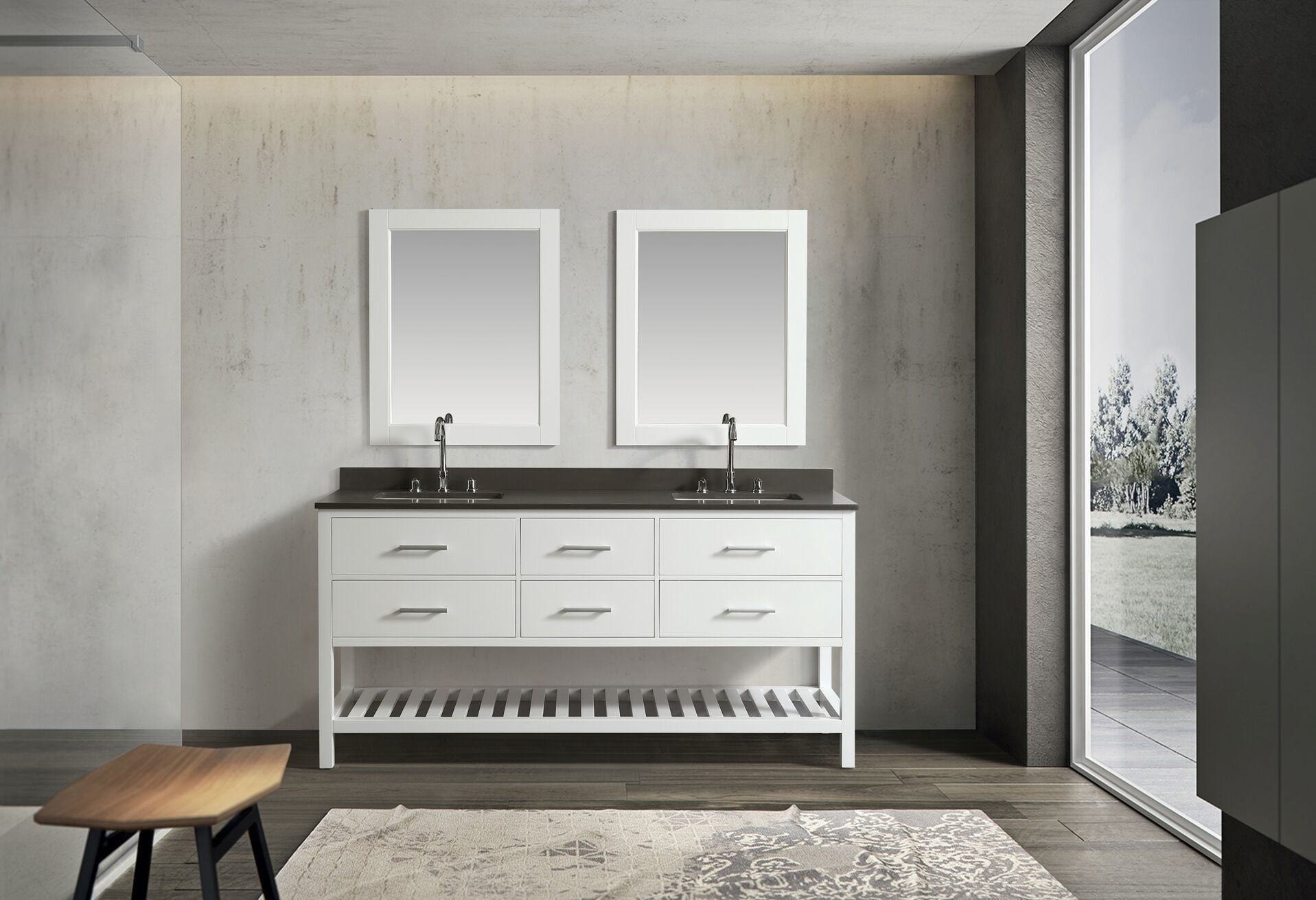 Design Element London 72" Double Sink Bathroom Vanity Set in White with Gray Quartz Top