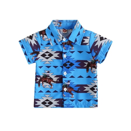 

aturustex Infant Baby Boy Summer T-shirt 3M 6M 12M 18M 24M 3T Casual Western Geometric/ Cow Printed Short Sleeve Button Up Shirt