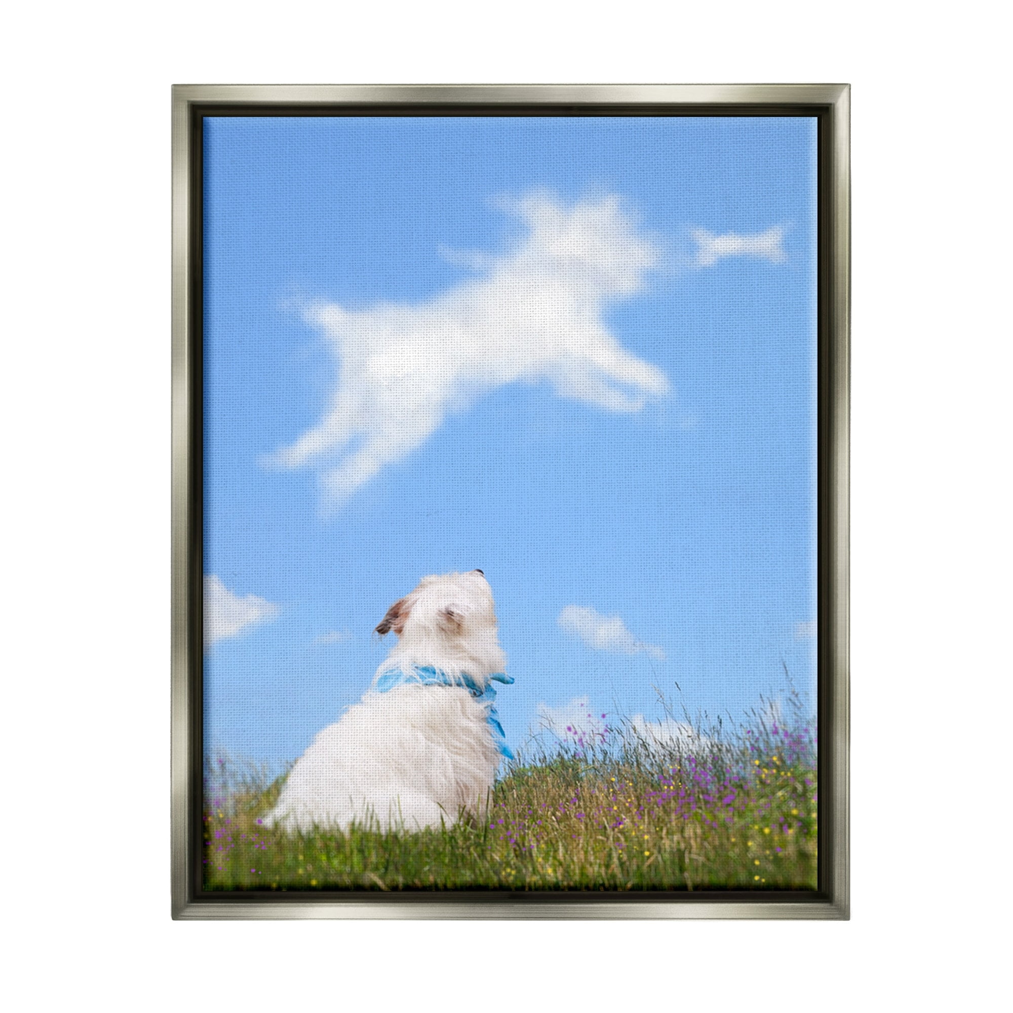 Stupell Industries White Dog Watching Shaped Clouds Chasing Bone Graphic Art Luster Gray Floating Framed Canvas Print Wall Art, Design by Michael Quackenbush