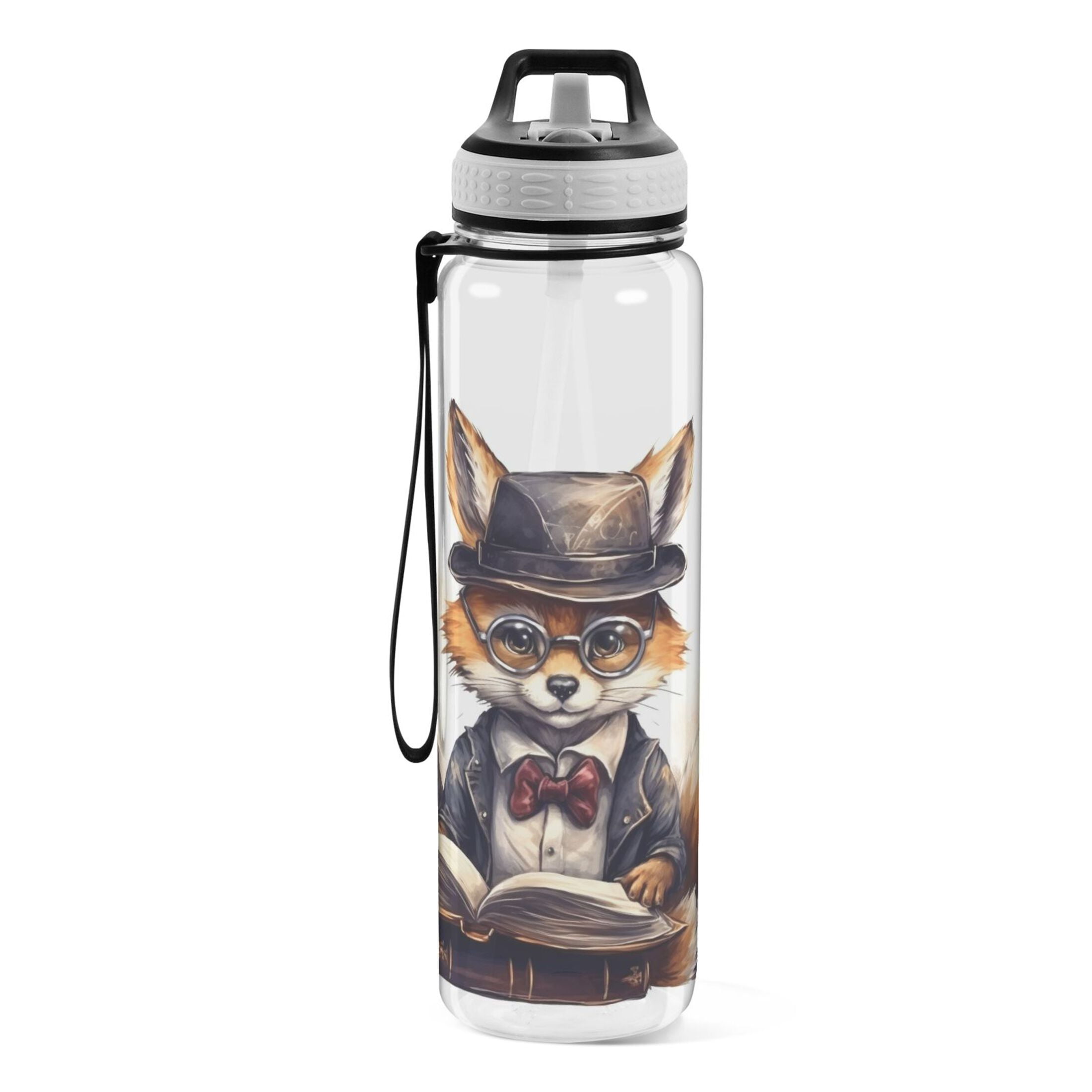 Fox Glasses Book Hat Suit Sports Water Bottle Portable Travel Mug 32oz BPA Free Leak Proof Straw Transparent Tritan for Gym Yoga Cycling Camping