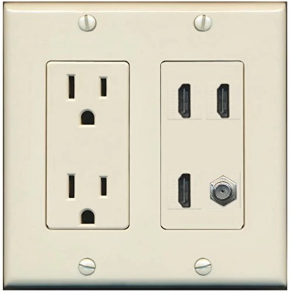 RiteAV Power Outlet 3 HDMI White Coax Wall Plate - Light Almond