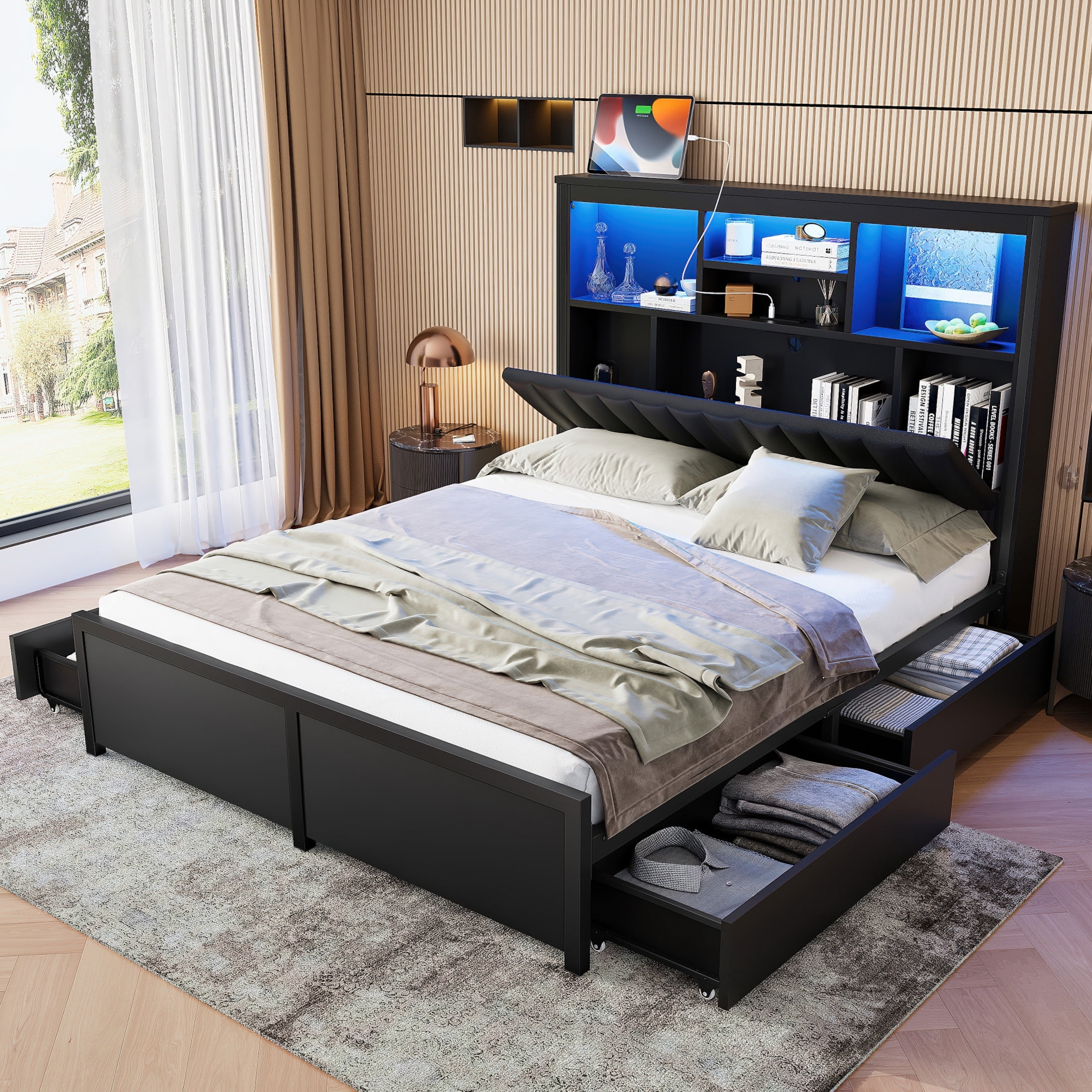 Noble House Junden King Bed Frame with Bookcase Headboard and Storage Drawers, LED Lights, Charging Station, Black