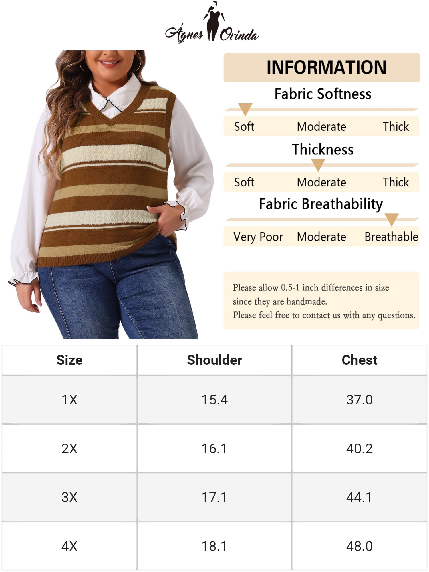 DARING DIVA Women's Plus Size V Neck Striped Knit Sweater Vests 4X Brown