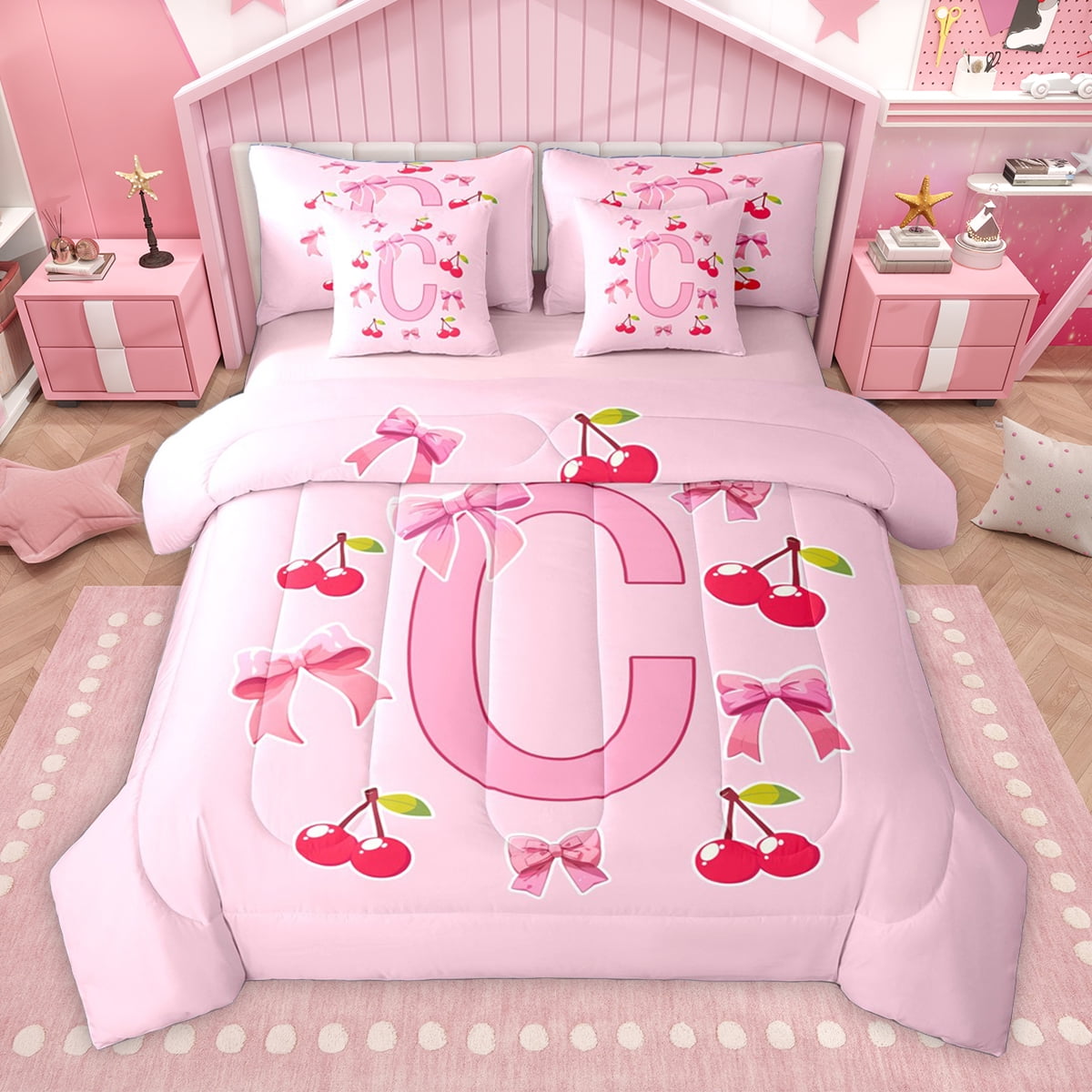 Homewish Personalized Gifts 7 Pieces Bedding Comforter Set Bowknot Latter C Full Bedding Set Cartoon Bow Tie Ribbon Fitted Sheet Flat Sheet Lightweight Room Decoration Reversible