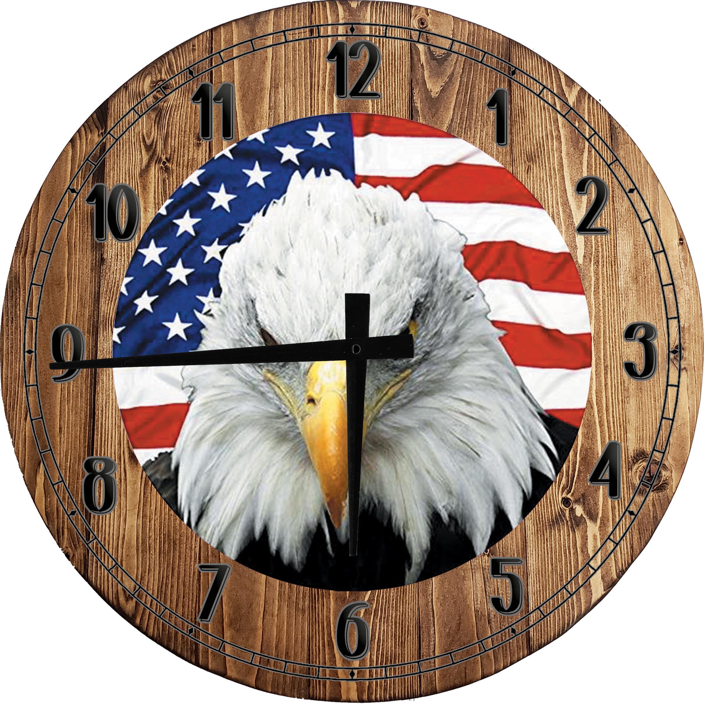 Wood Wall Clock 18 Inch Round Patriotic American Eagle with USA Flag