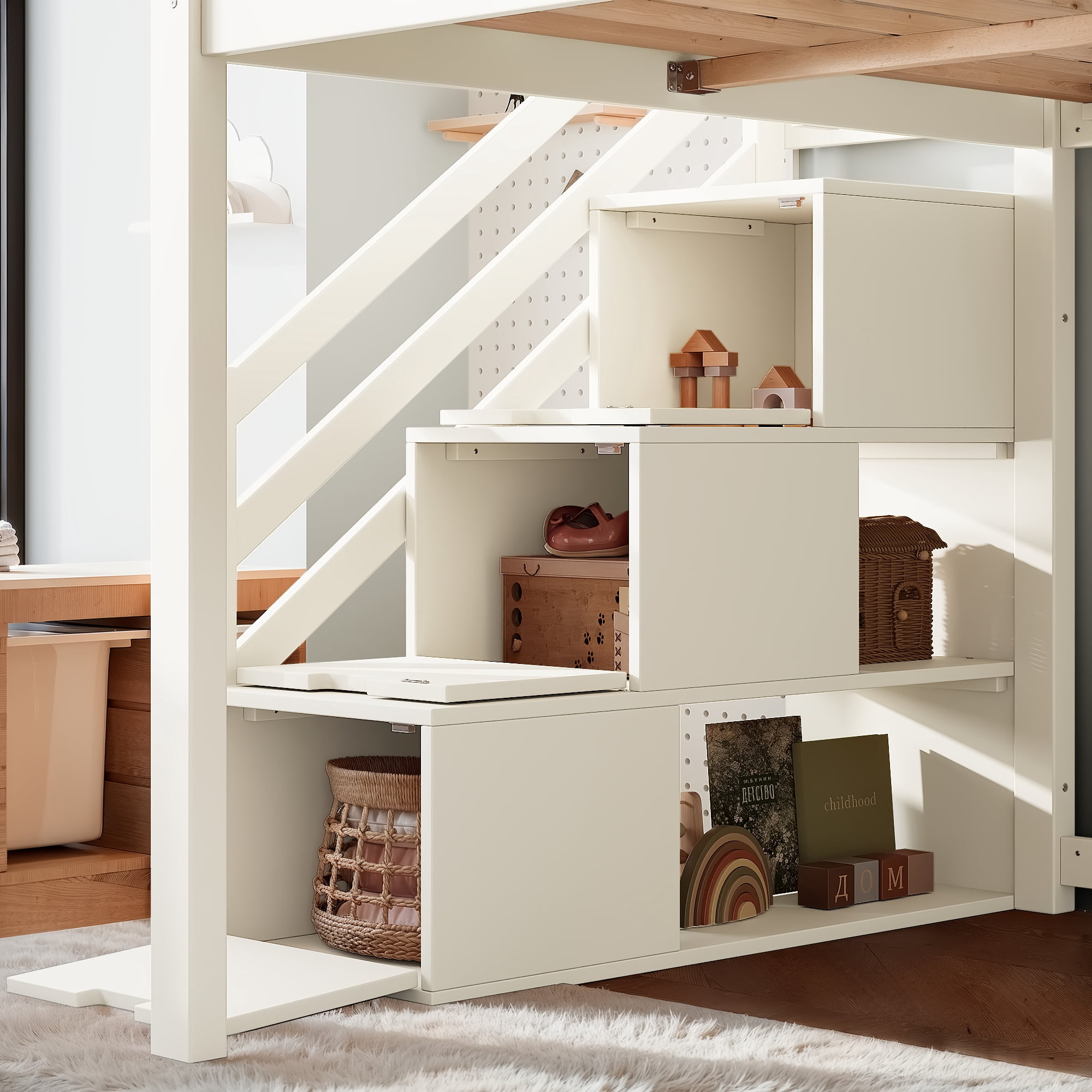 Leumius Full Loft Bed with Storage Stairs, Slide & Built-in Wardrobe, Stylish High Guardrail, Wood Loft Bed Frame for Bedroom,Dorms,Guests Beige
