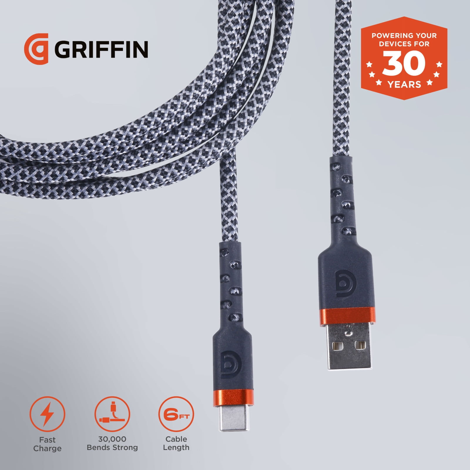 Griffin 6ft Ultra Durable USB-C Type High-Speed Charging Cable – Fast Charging, 30,000 Bends Strong, Compatible with Android, iPhone 15 & 16, Tablets, USB-C Device, USB-A to USB-C Charge & Sync Cable