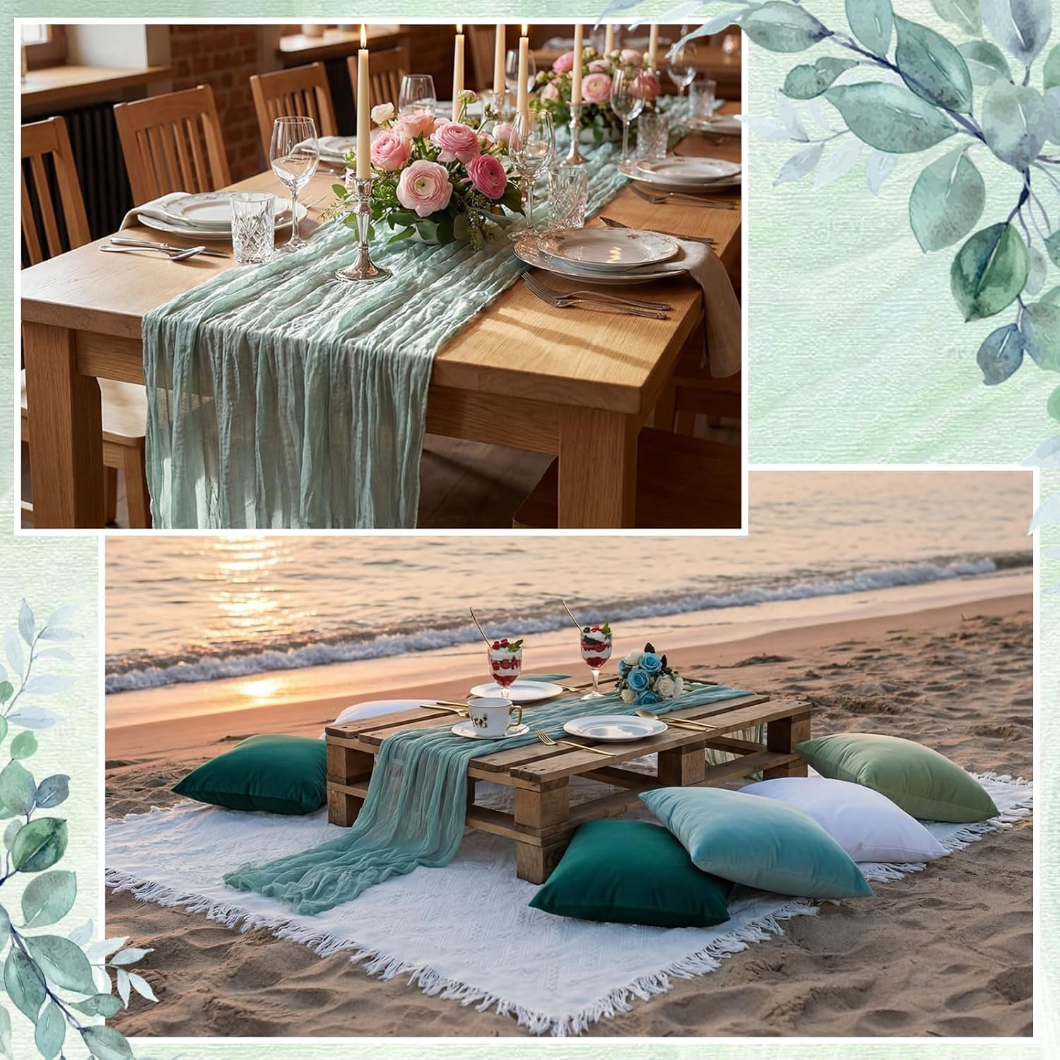 10 Pcs 71''x102'' Extra Large White Outdoor Boho Picnic Blanket with Green Table Runner 8 Throw Pillow Cover Oversized Washable Portable Beach Blanket for Valentine Picnic Camp Lawn Wedding