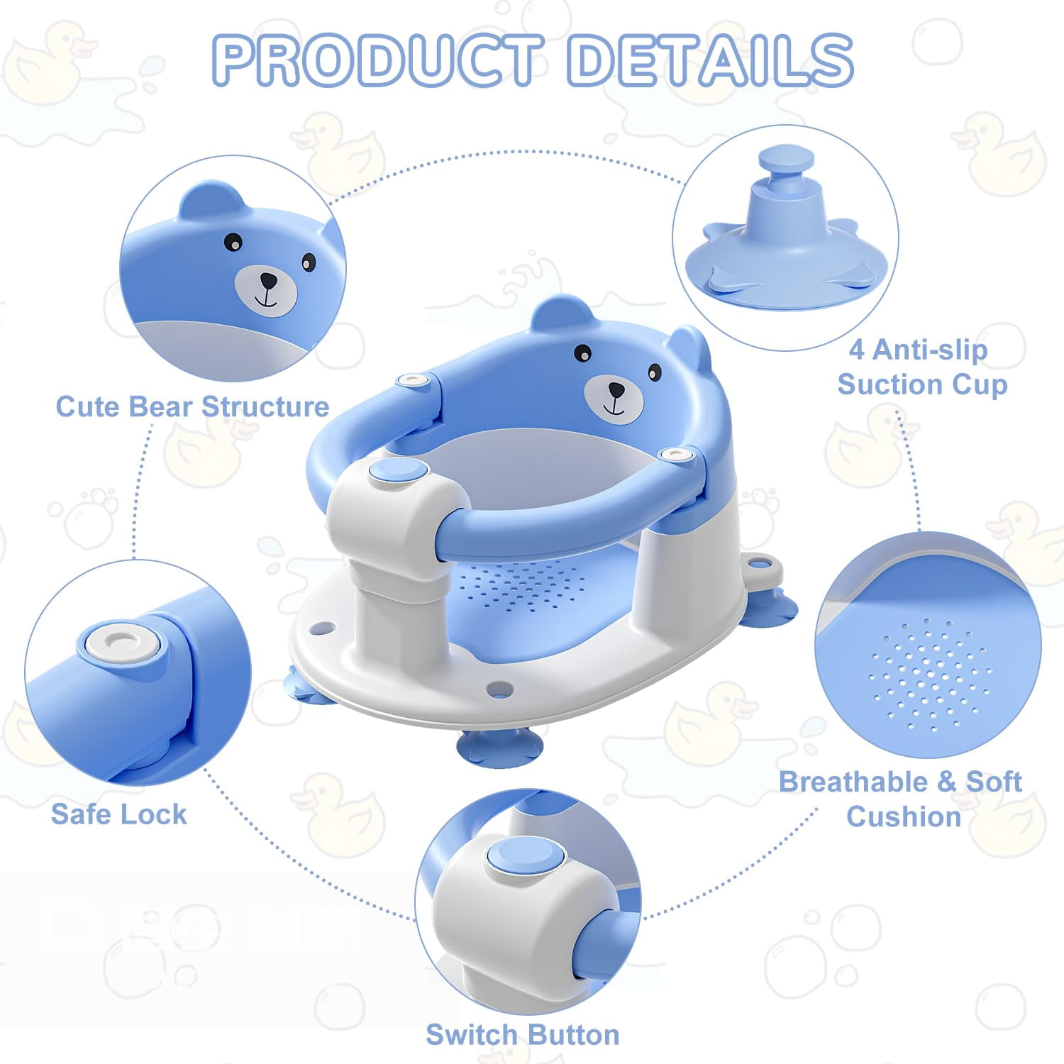 Soluxeo Baby Bath Seat for Babies 6 Months & up, Non-Slip Toddler Bath Seats for Babies Sitting Up with 4 Suction Cups & Soft Cushion for Shower(Blue)