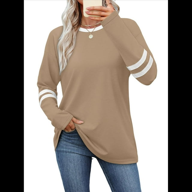 Camisas de Larga para Mujer, Blusas Casuales con Bloques de Color, Conjuntos de Otoño, Camisetas Básicas, Ropa de Moda Caqui XL