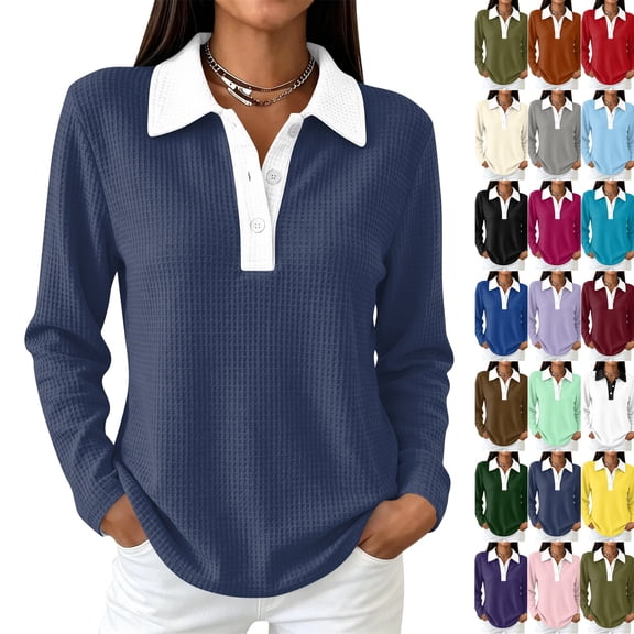 Waffle Knit Tops for Women Long Sleeve Polo Shirts Color Block Collar Half Button Casual Tunic Tops Navy S