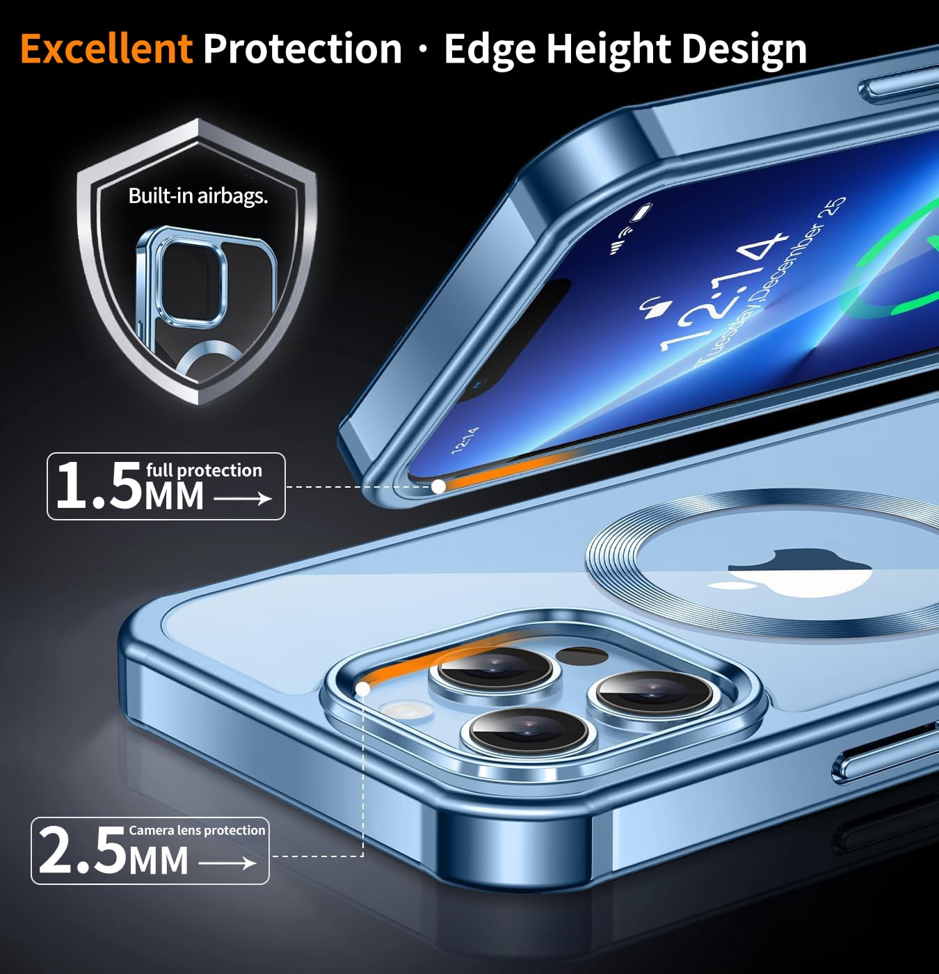 JETeacka iPhone 13 Pro Case(6.1") MagSafe Compatible Full Body Rugged Built-in Touch Sensitive Screen Protector Anti-Scratch Clear Case, Sierra Blue