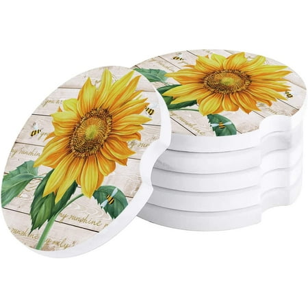 

ZHANZZK Summer Farm Sunflower and Bee Retro Wooden Grain Set of 2 Car Coaster for Drinks Absorbent Ceramic Stone Coasters Cup Mat with Cork Base for Home Kitchen Room Coffee Table Bar Decor