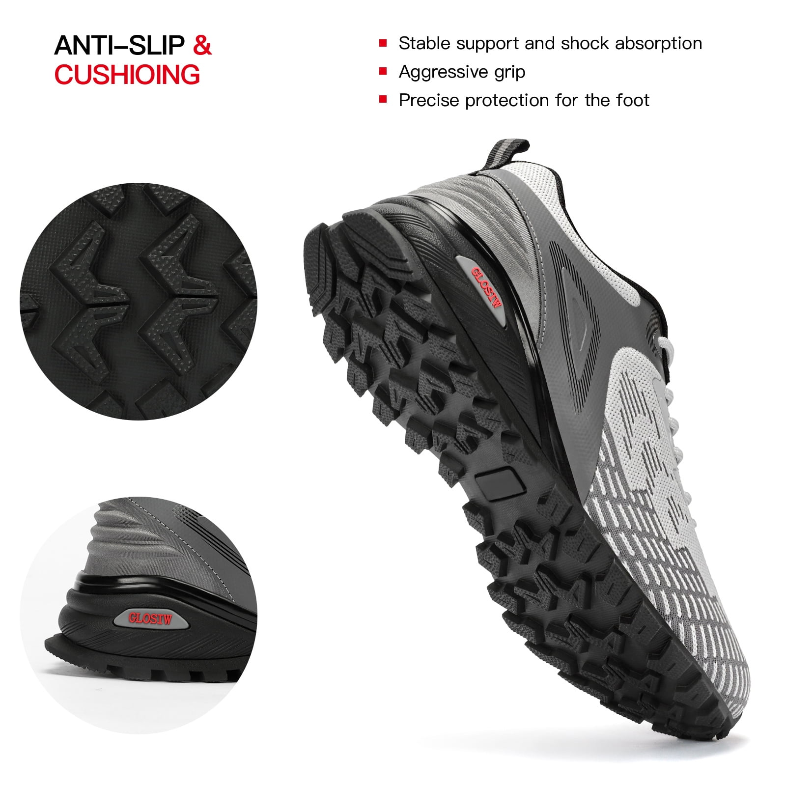 GLOSIW Men's Trail Running Shoes Non Slip Hiking Shoes Tennis Shoes Fashion Sneakers Workout Footwear