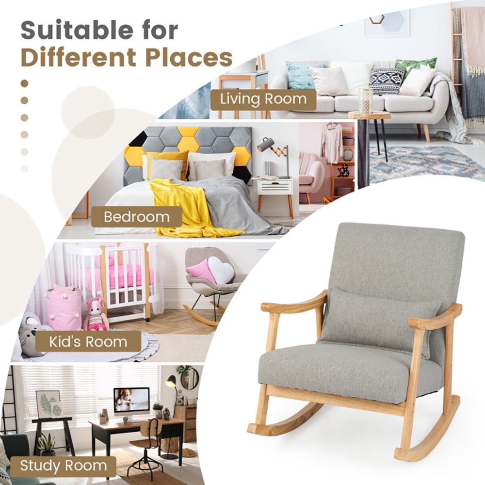 Finihen Rocking Chair, Recliner Chair, Upholstered Rocking Chair with Pillow and Rubber Wood Frame, for Living Room, Bedroom, Gray Finihen Rocking Chair, Recliner Chair, Upholstered Rocking Chair with Pillow and Rubber Wood Frame, for Living Room, Bedroom, Gray