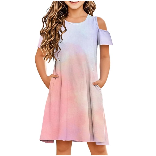 Économies Printemps/été! HVOBTTY Robe Quotidienne Confortable à Manches Courtes pour Fille Robe Sans Manches Extensible Robe Trapèze Tourbillonnante Robe de Récital Scolaire Robe à Manches Courtes Col Rond Rose 5 Ans