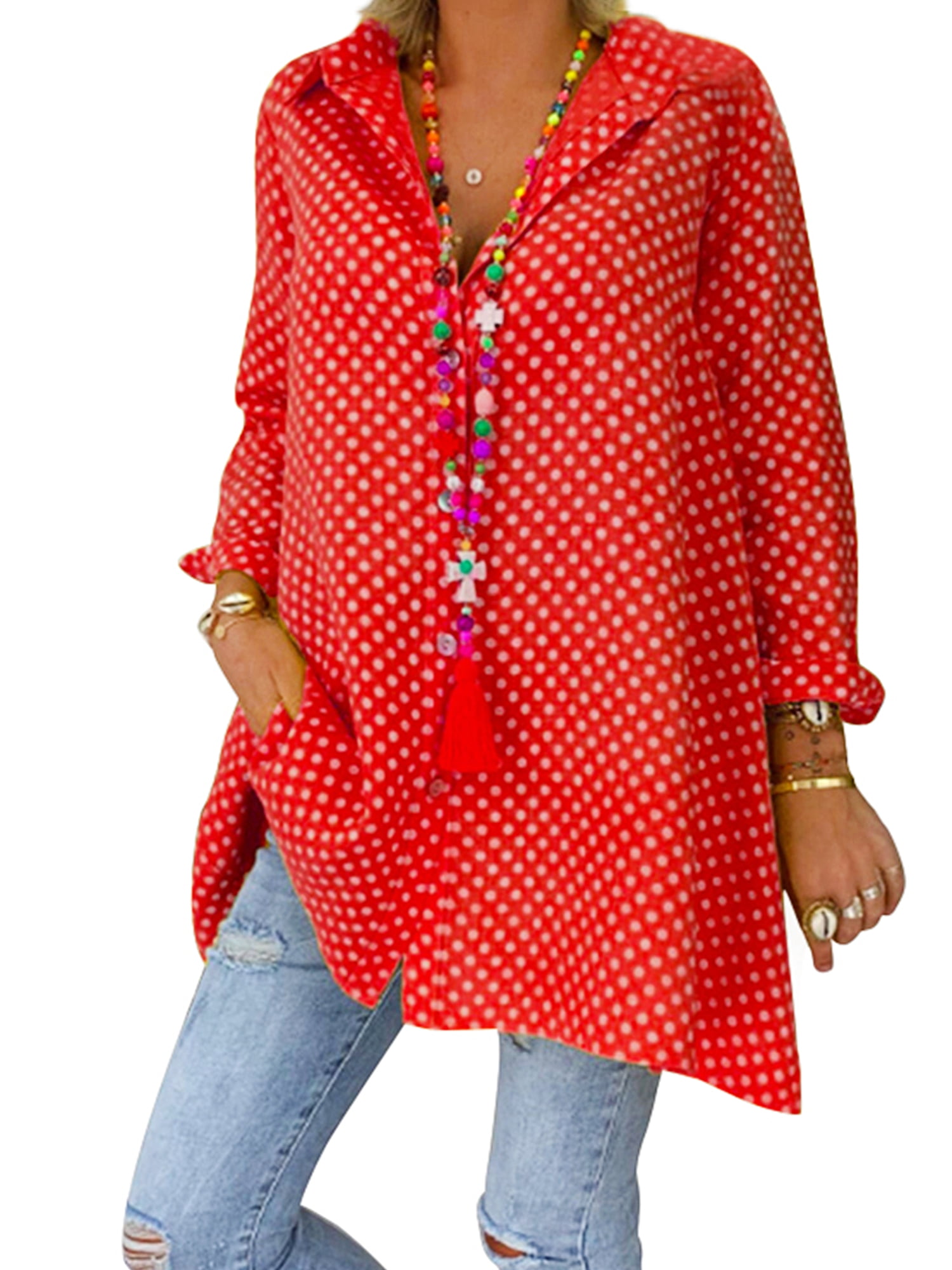 Plus Size Women Roll Up Sleeve Casual Blouse Shirt Tunic Polka Dot Buttons Tops