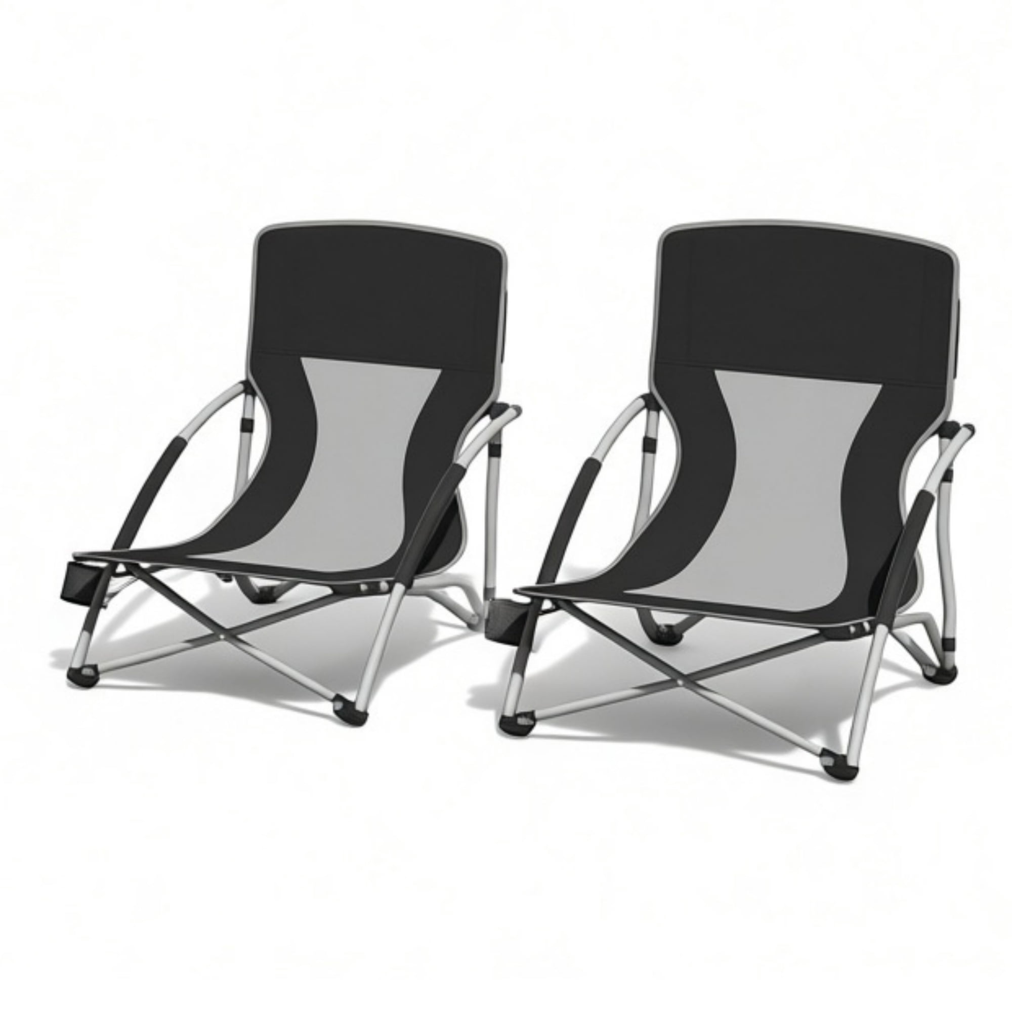 2 Pack Foldable Beach Chairs with Carry Bags, 600D Oxford Metal Frame Portable Lawn Chairs Mesh Back Foam Armrest Cup Holder Holds 265 LBS No Assembly