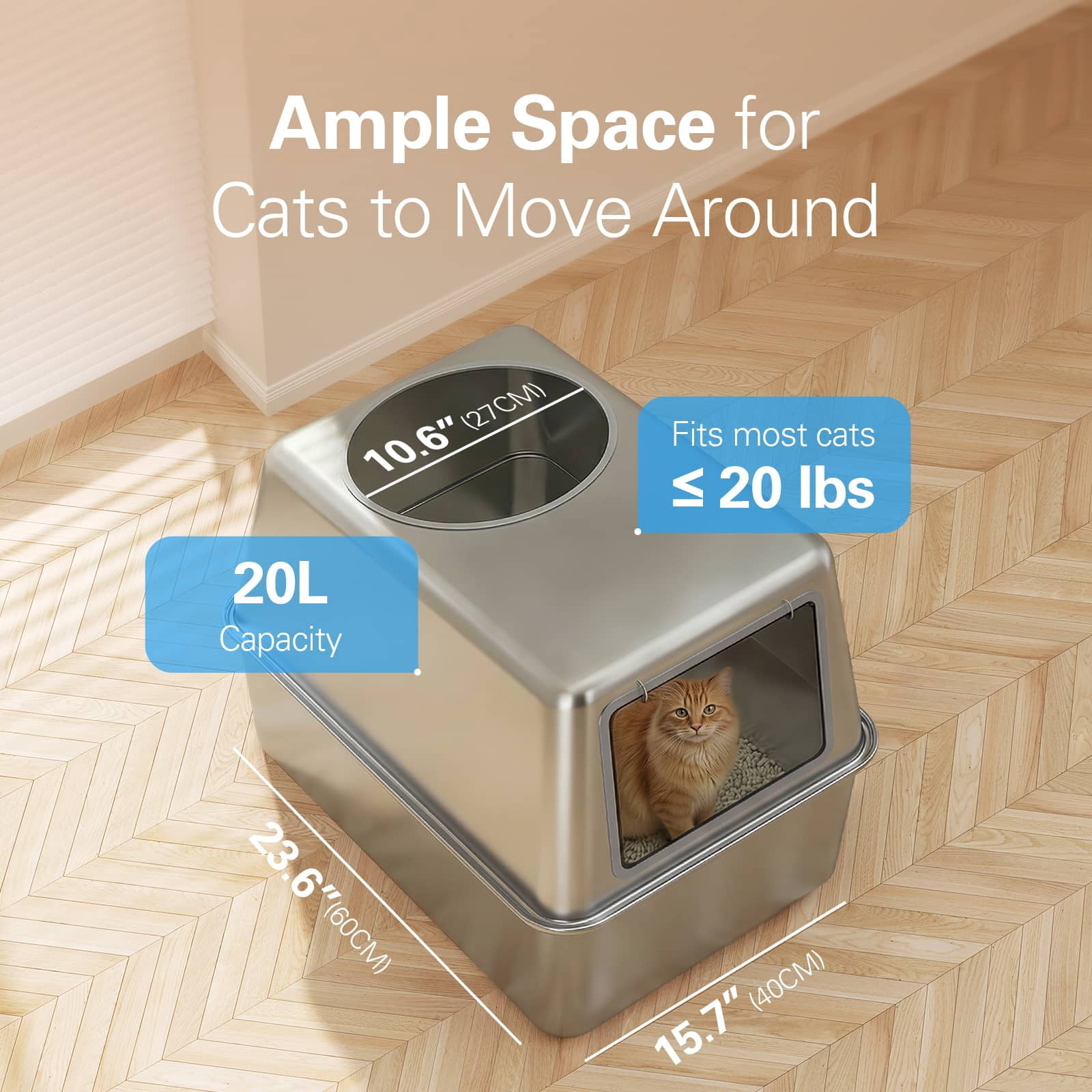 XL Stainless Steel Litter Box, Metal Cat Litter Box with Lid for Large Cats & Multiple Cats, Odor Control, Anti-Leak & Easy Clean, Round Top