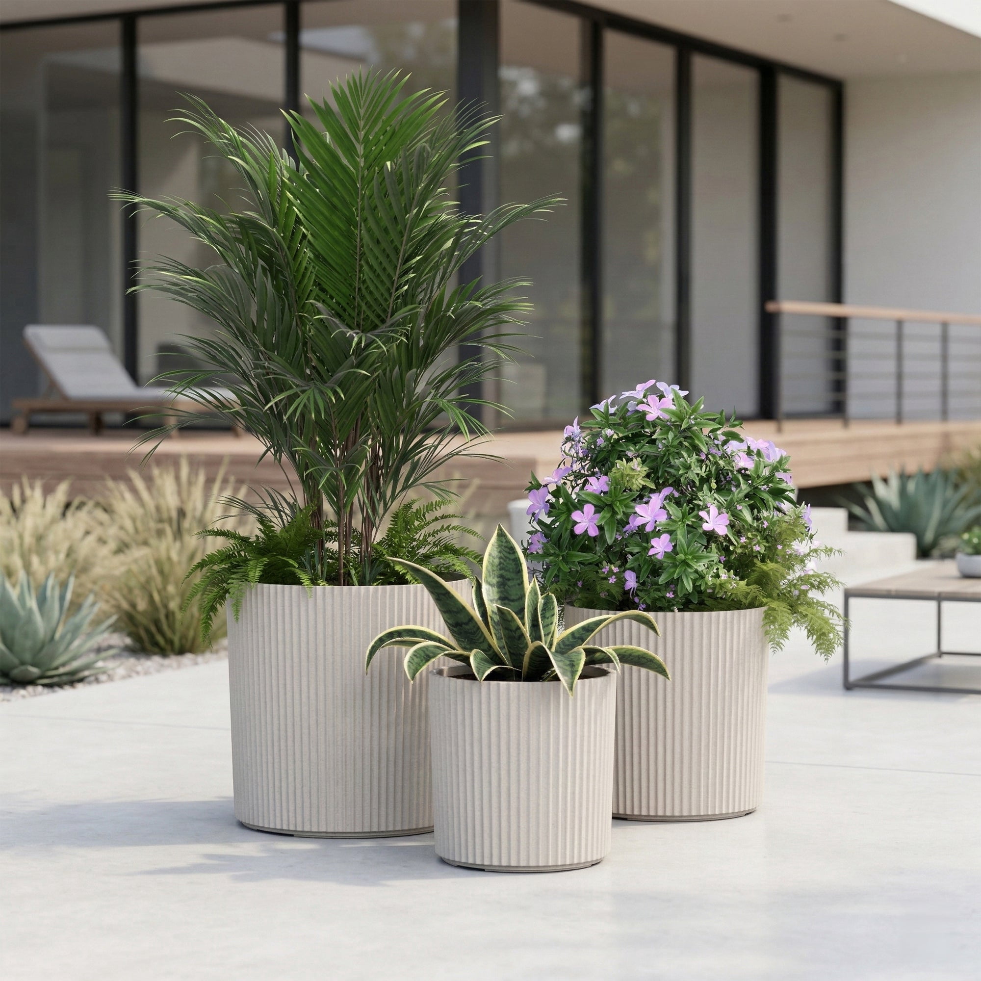 Serene 14in, 12in, and 10in Round Chai Plastic Plant Planters with Drainage Holes, 3-Pack