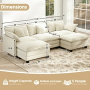 BedLuxury 111.5 Modular Sectional Sofa with Movable Ottomans, U Shaped Cloud Couch for Living Room, 3-Seat, Beige