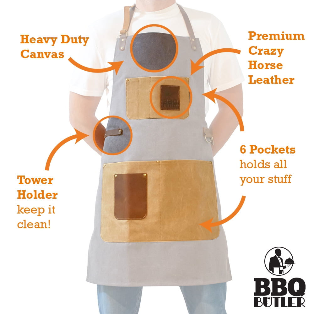 BBQ Butler Grilling Apron - Premium Canvas Apron - Deluxe Leather
