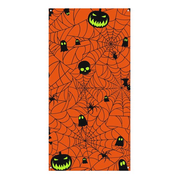 Spooky Cute Halloween Door Decor - Ghost and Pumpkin Illustration Door Screen with Easy Hang Design 35.4x70.8 Inch
