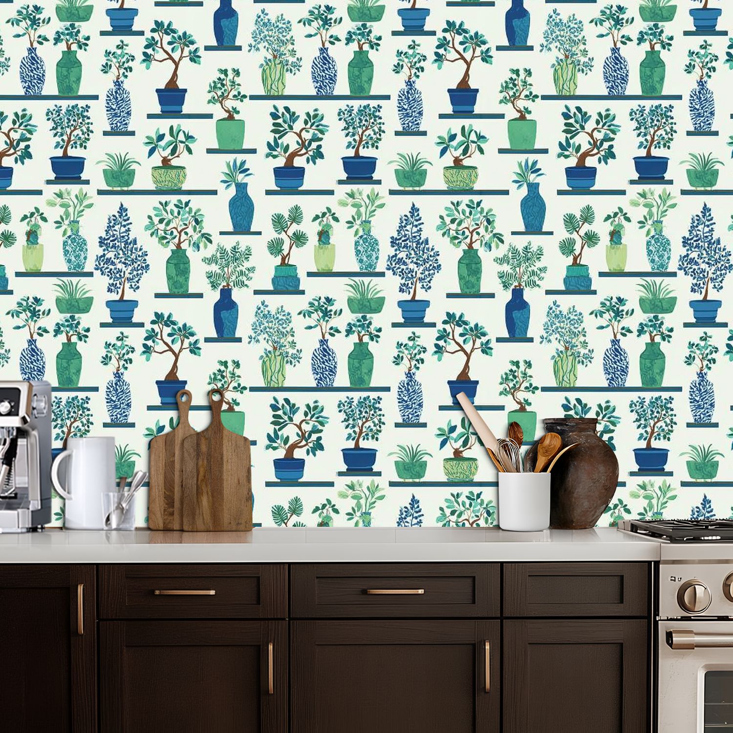 Peel and Stick Wallpaper 17.7in x 9.8ft Greenery Botanical Vases Stylized Plants Florals Contact Paper Vinyl Self-Adhesive Removable Wall Paper for Bedroom DIY Home Decor Renter Friendly