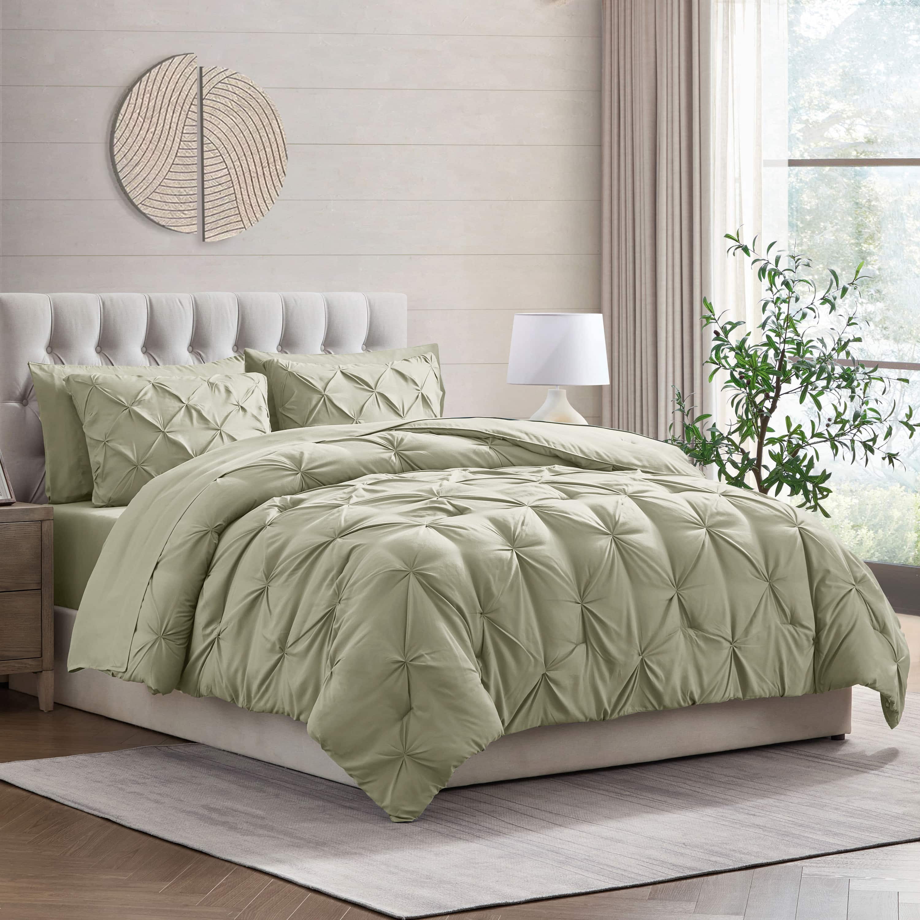 LammaLoe Full Size Comforter Sets, 7 Piece Bed In A Bag Pintuck Bedding Sets, Light Sage