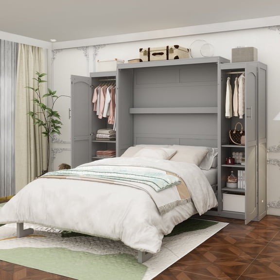 Full Size Murphy Bed, Wooden Full Wall Bed with 2 Wardrobe and Storage Shelf, Multifunctional Foldable Platform Bedframe for Guest-Room, Bedroom, Gray