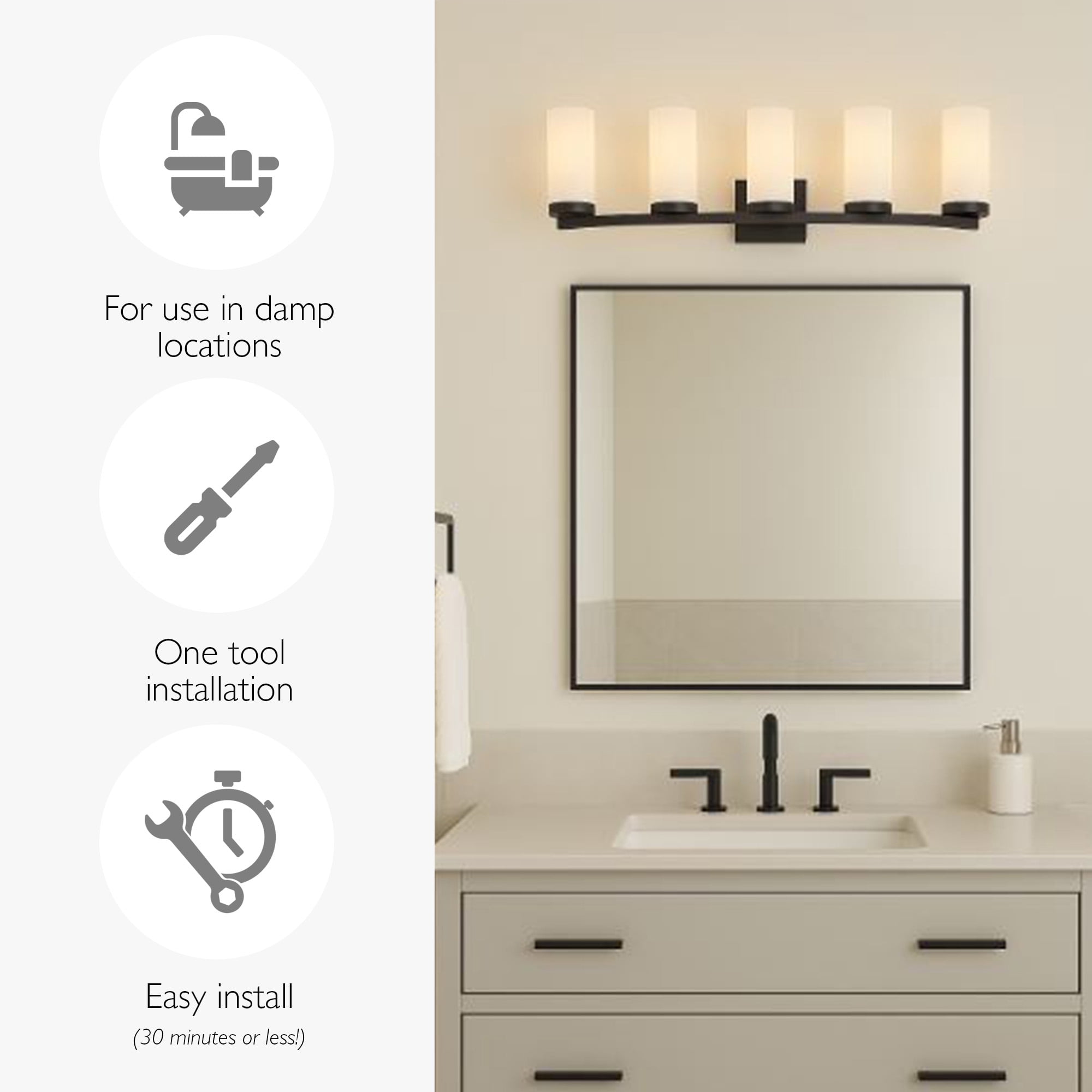 Design House Desta Transitional Indoor 5-Light Vanity Light with Curved Bar, Matte Black