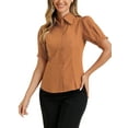 thumbnail image 1 of Camisa de oficina esencial de mujer con cuello de punta y mangas abullonadas, botón, color marrón, 1 of 5
