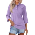 thumbnail image 2 of Women's Solid Color Polo Shirts 3/4 Sleeve Button Down Collared Shirts with Pocket Business Casual Work Tops Athletic Tennis Golf Shirt 3 Buttons Spring & Autumn Work Basic Blouse Light Purple L, 2 of 6