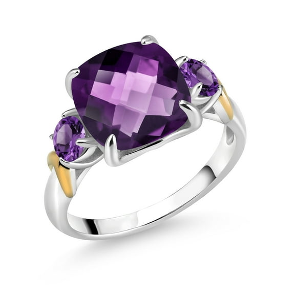 Gem Stone King 925 Silver and 10K Yellow Gold Purple Amethyst 3 Stone Ring for Women (3.50 Cttw, Gemstone February Birthstone, Cushion Checkerboard 10MM, Round 4MM, Size 9)