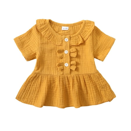 

3T Baby Girls Clothes Baby Girls Short Sleeve Shirt Tops 3-4T Toddler Girls Ruffle Short Sleeve Solid Color T-shirt Tops Yellow