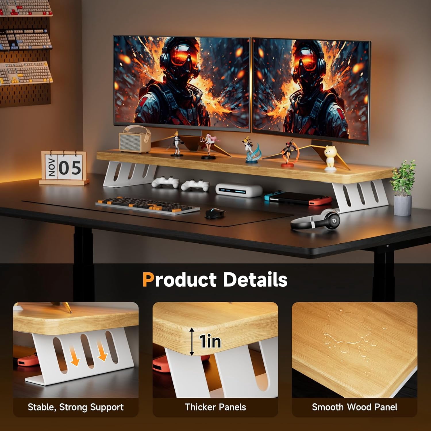 Dual Monitor Stand Riser, 39 Inch Large Wood Monitor Stands for 2 Monitors, Desk Monitor Riser for Computer/Laptop/Printer/TV, Supports  to 220 lbs
