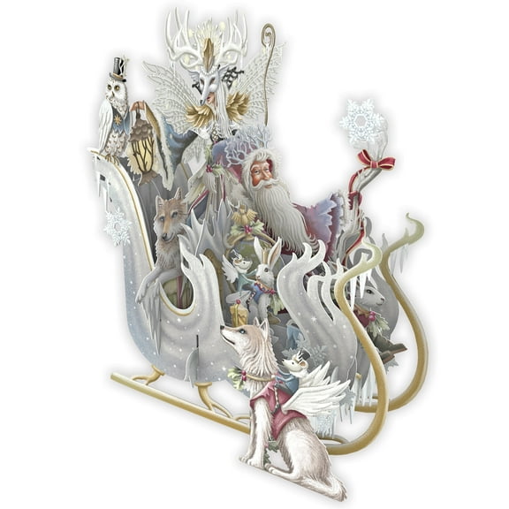Me & McQ Snow Queen, Santa, Foxes, Rabbits and Snowy Owl on Sleigh 3D Pop Up Laser Cut Christmas Card