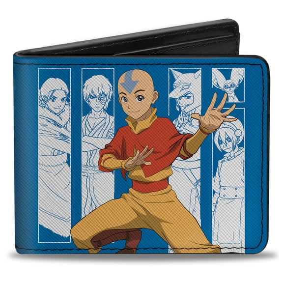 Nickelodeon Wallet, Bifold, Avatar Aang Pose and Character Blocks and Logo Blue White, Vegan Leather
