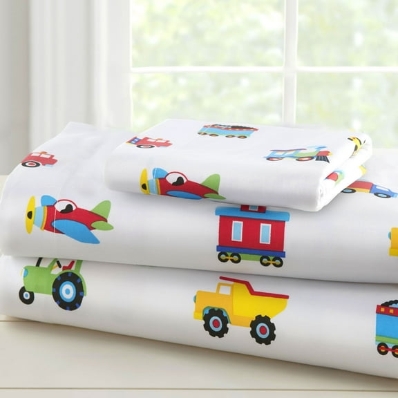 Wildkin Kids 100% Cotton Sheet Set for Boys and Girls - Toddler (Trains, Planes & Trucks Blue)