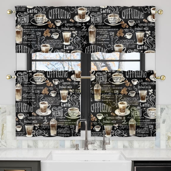 Coffee Kitchen Curtains Valances and Tiers Set for Windows,Vintage Cafe Bathroom Window Curtain Valance 3 Piece Sets,Kitchen Decor for Living Room,54"x 24"