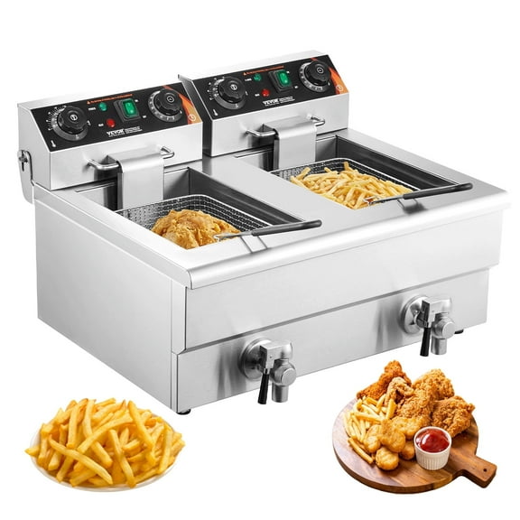 VEVOR Commercial Deep Fryer, 2 Tank 3000W Electric Countertop Fryer with Basket,2 x 11.6Qt/11L Stainless Steel Oil Fryer with Oil Filtration, Time & Temp Control