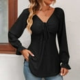 thumbnail image 2 of XFLWAM Women's V Neck Drawstring Ruched Tops Puff Long Sleeve Ruffle Cuff Shirts Solid Color Casual Blouses Black L, 2 of 5