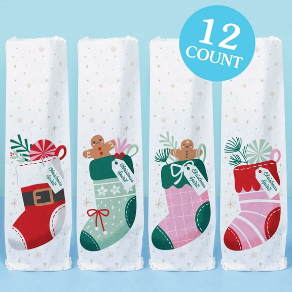 Big Dot of Happiness Christmas Stockings Wine Gift Bags, Holiday Party Hostess Thank You Wine Bottle Gift Wrap, Bulk Holiday Paper Bags - 12 ct
