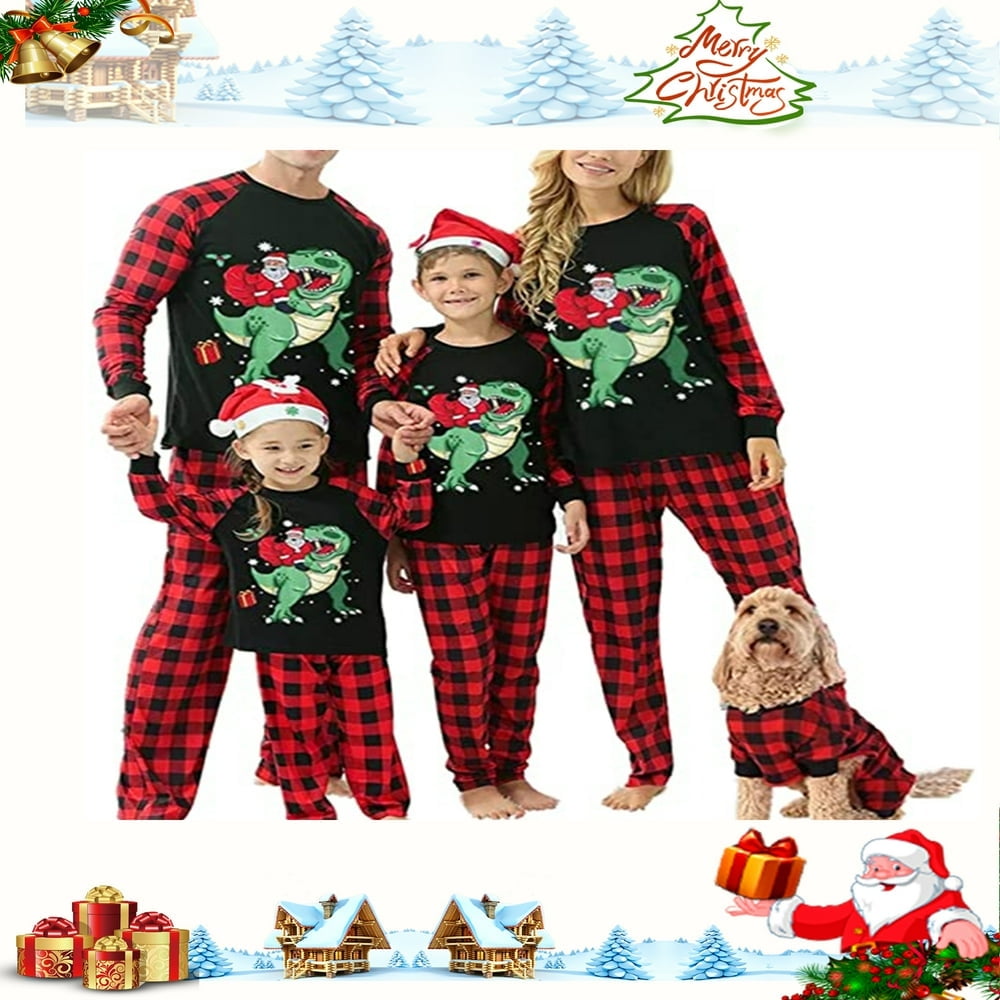 Family Christmas Pajamas Matching Sets Dinosaur Santa Claus Tops Plaid Pants for Adults Kids Dogs Holiday Jammies Sleepwear Walmart