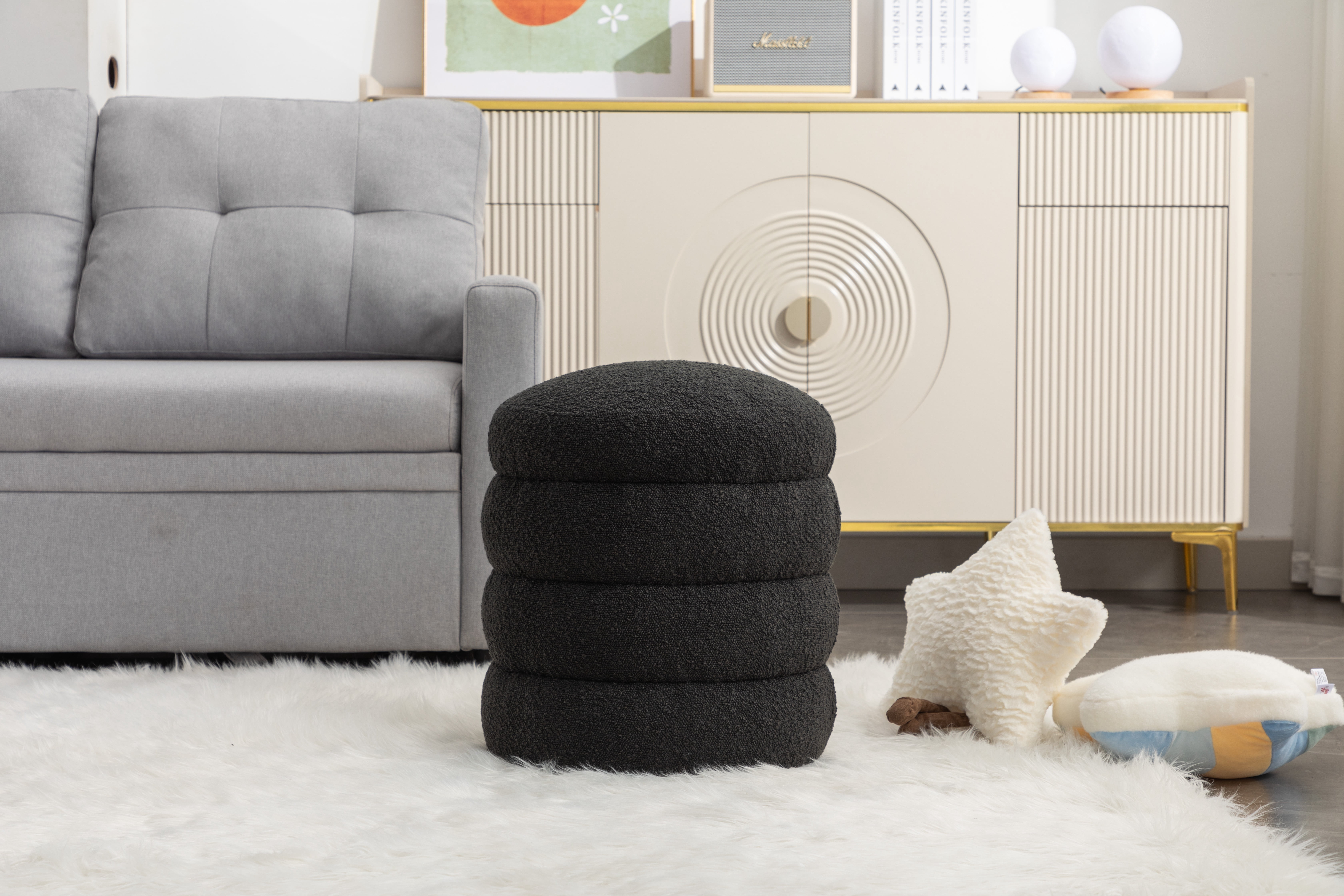 Furniliving Round Ottoman Stool, Upholstered Boucle Vanity Stool, Footstool Ottoman for Living Room, Bedroom, No Assembly Required, Black