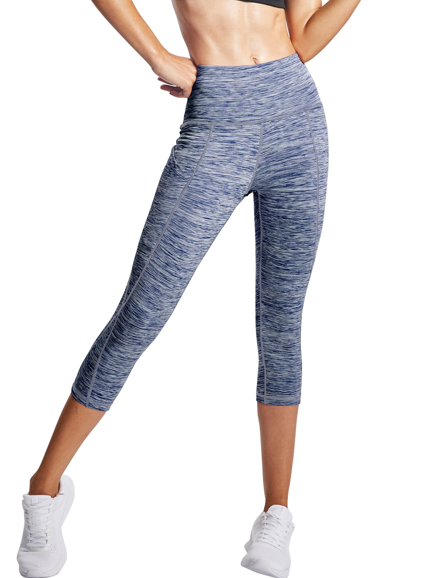 NELEUS Womens Yoga Capris Workout Leggings Tummy Control High Waist Cropped with Pocket,Black+Navy Blue,US Size S