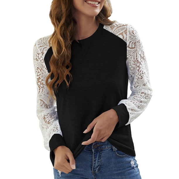 Moda mujer otoño blusa encaje empalme O cuello manga larga camiseta casual top Abanopi Negro/Extragrande