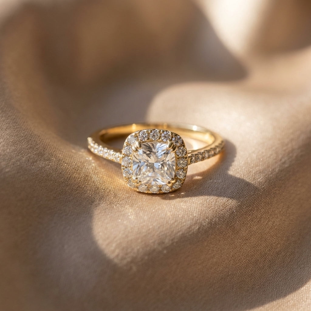Vinali Solid 14K Yellow Gold Cushion Halo Engagement CZ Ring for Women Size 5